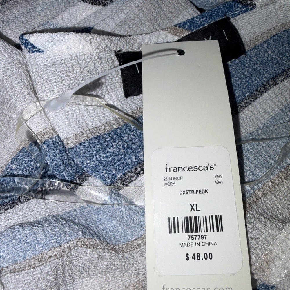 NWT Francesca’s Blue White Striped Wrap Jumpsuit XL Boutique - Picture 11 of 12